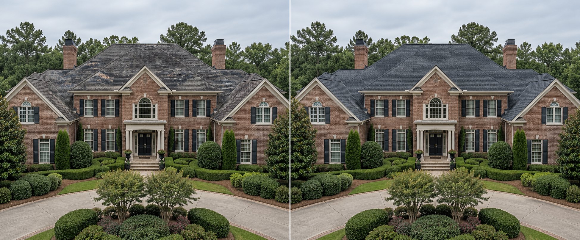 Illustrative comparison of a large brick home with a worn roof before and a new charcoal shingle roof after
