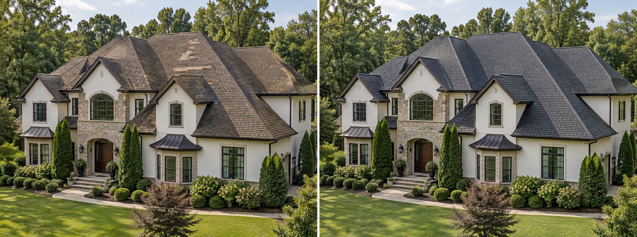 Illustrative comparison of a large stone and stucco estate with weathered roof shingles before and new dark shingles after